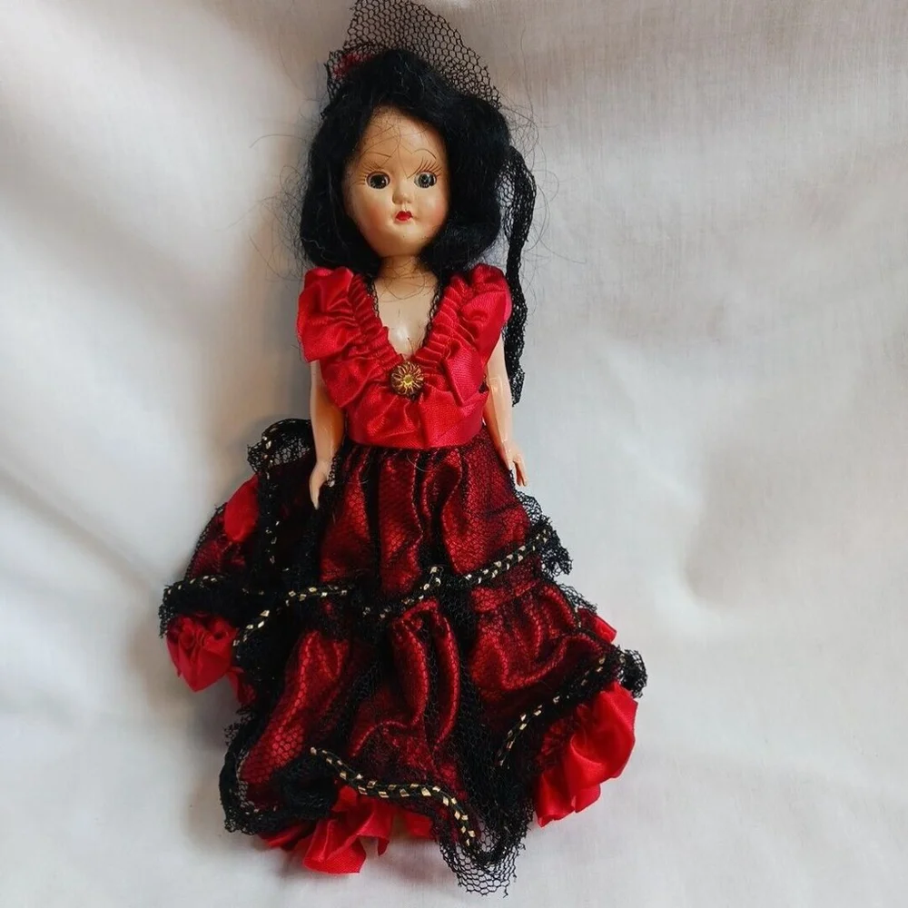 Vintage Spanish Flamenco Senorita Doll Red Dress 8 in